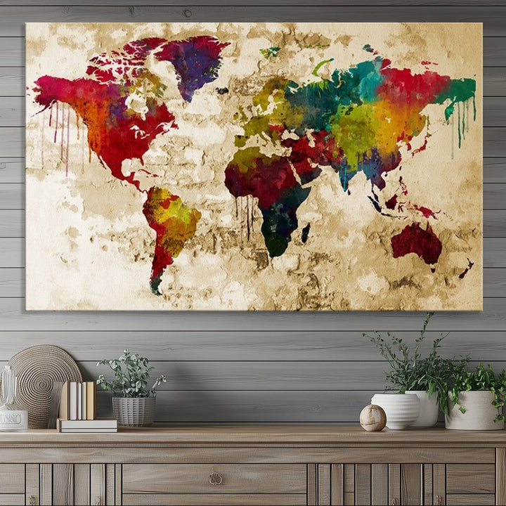 Wall Art World Map Canvas Print Rainbow Colored Vintage Style World Map