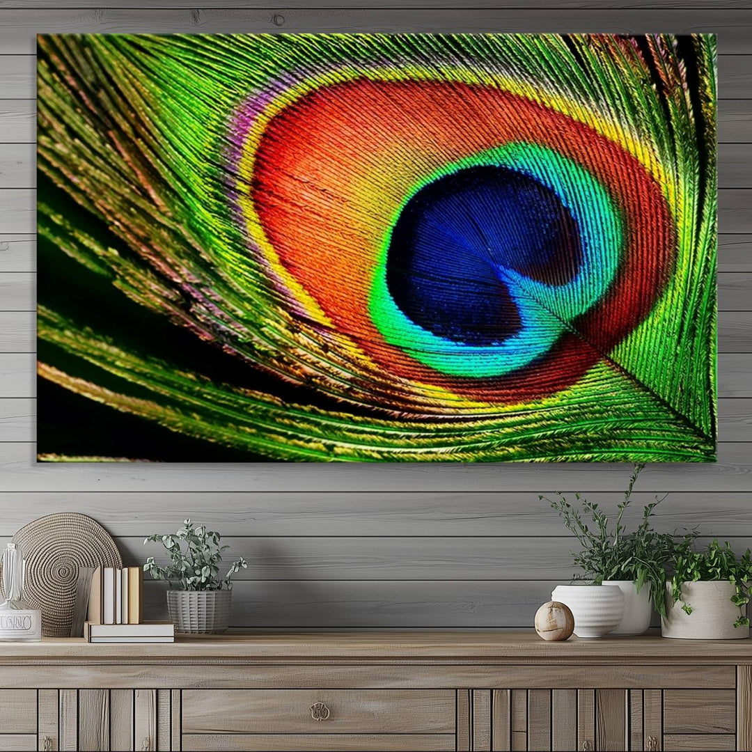 The Colorful Peacock Feather Wall Art Print graces the wall.