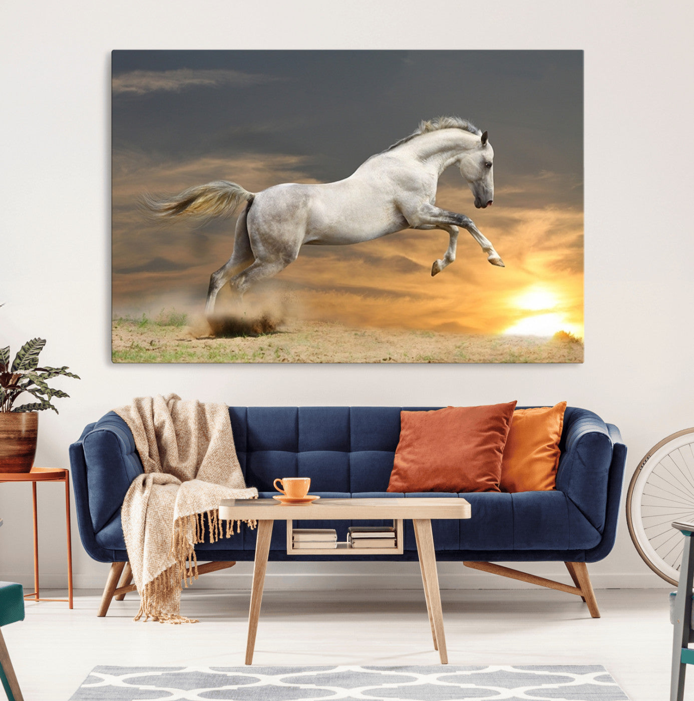 96845-MGV-CV-36X24-Large Wall Art Canvas Print – White Jumping Horse Sunset Scene Animal Artwork for Home, Office, Living Room Decor