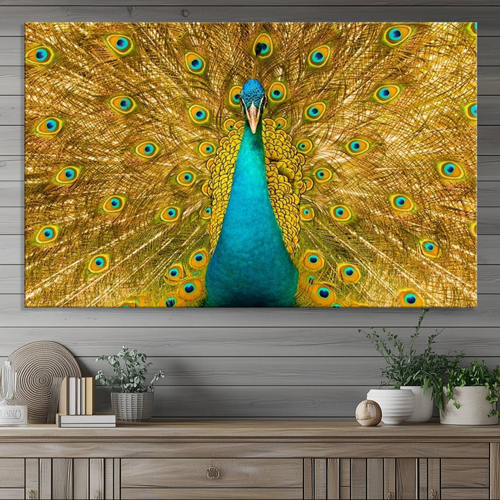 The Peacock Wall Art Canvas Print adorns a bright wall.