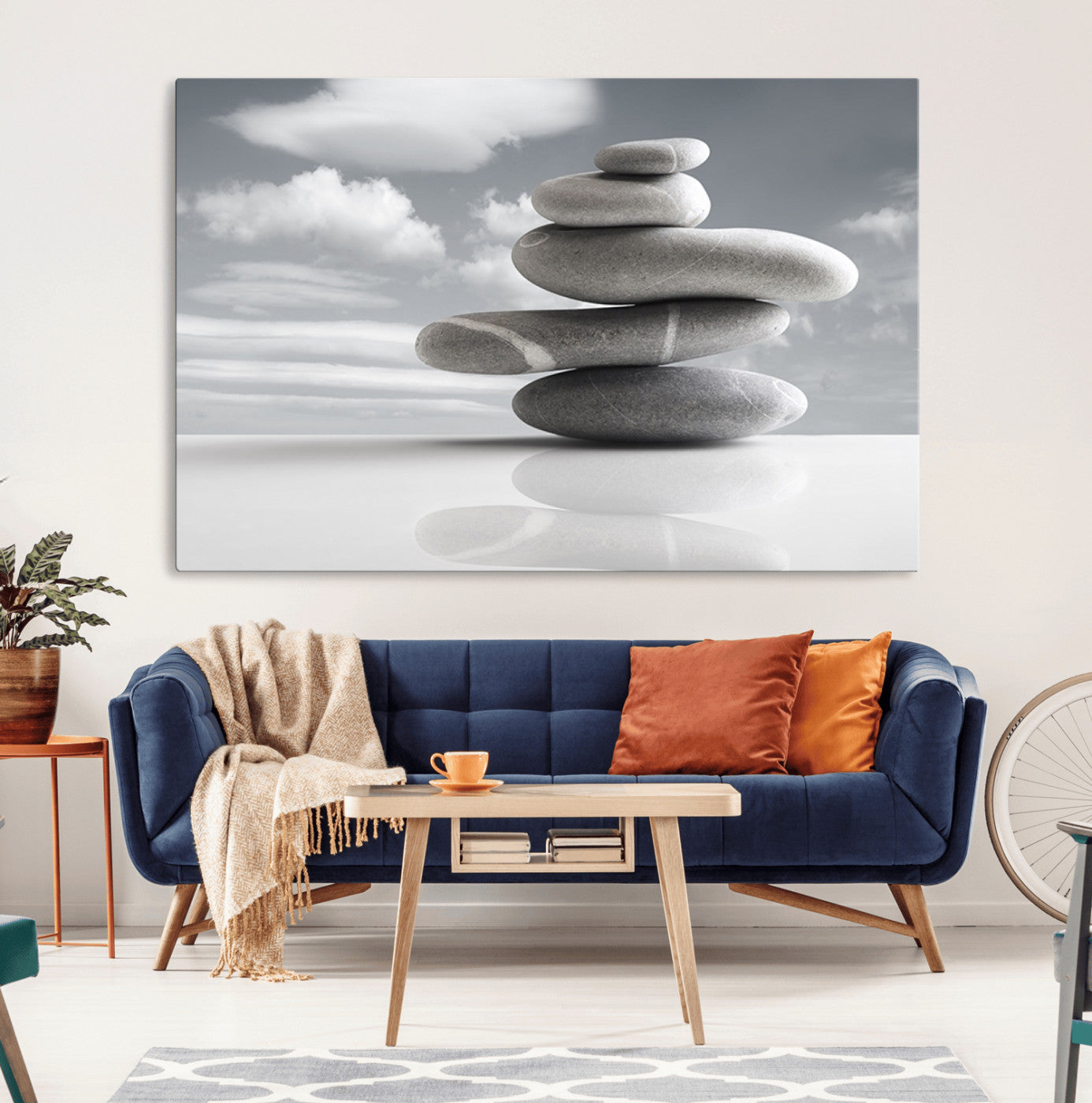 MGV-CV-36X24 - Still Life Black and White Zen Stones Wall Art Canvas, Framed Black and White Zen Stones Canvas