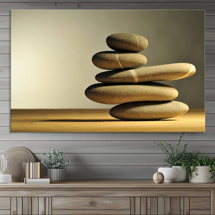 The Yellow Zen Stones on Yellow Background Wall Art is a striking feature in this minimalist kitchen.