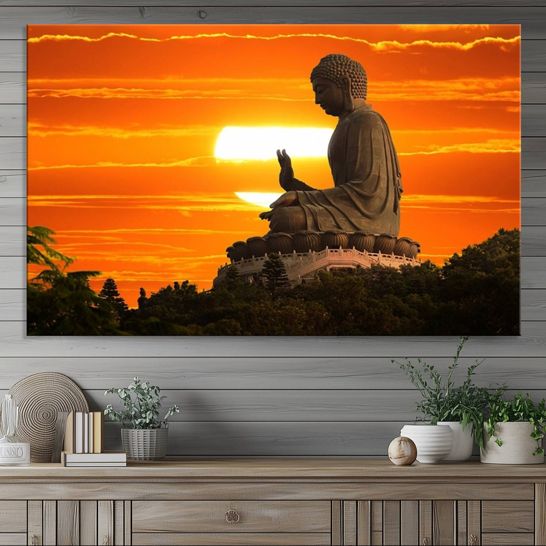 The Buddha Statue at Sunset canvas print adds serenity to the space.