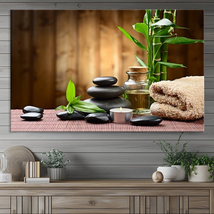 Zen Serenity Triptych Canvas Art: Pink Lotus Flower and Stones, Tranquil Water Lily Print, creating a peaceful spa ambiance.