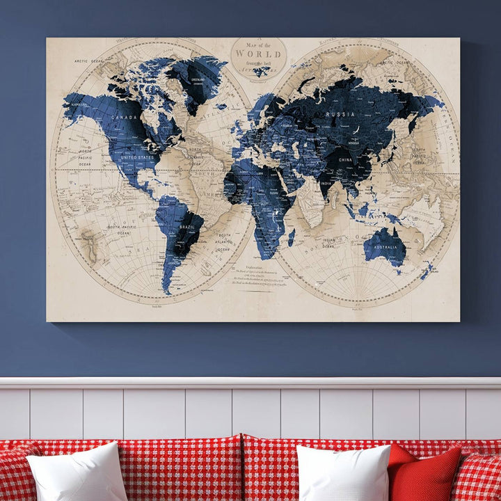 Vintage Triptych Map Print - Antique World Map Canvas Wall Art – Vintage Triptych Blue and Beige Map Print