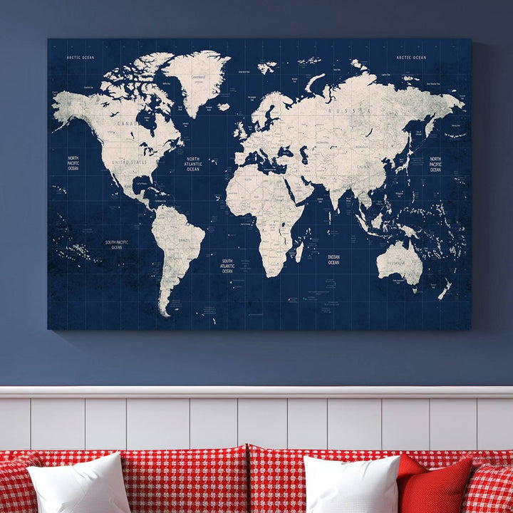 Large modern world map wall art canvas print in beige and navy; showcases a 3-panel vintage map design and is ready to hang.