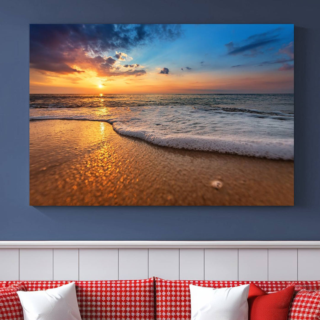 The Golden Sunset Beach Waves Triptych adds a modern coastal touch with its stunning seascape.