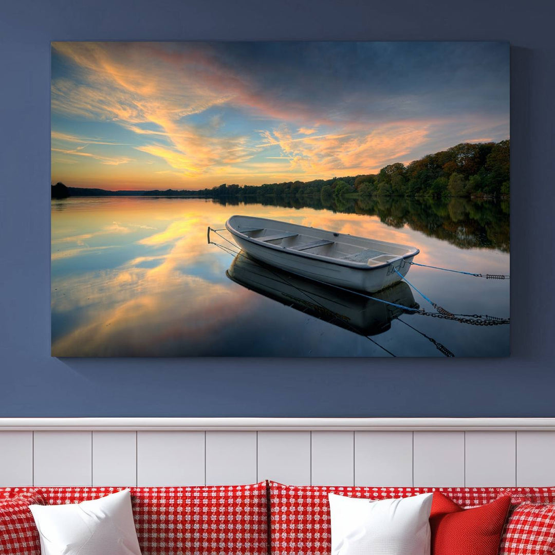 Serene Rowboat on Calm Lake Triptych Canvas Art, Giclee Wall Art of Peaceful Sunset Reflections, Tranquil Landscape Wall Art for Home or Office