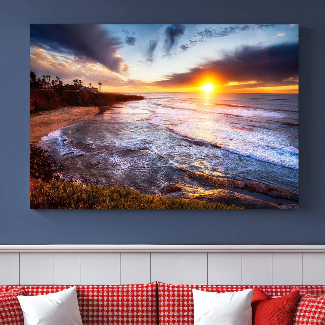 California Coastline Sunset Canvas Art, Ocean Waves Crashing on Cliffs, Giclee Canvas Print for Beach House Decor