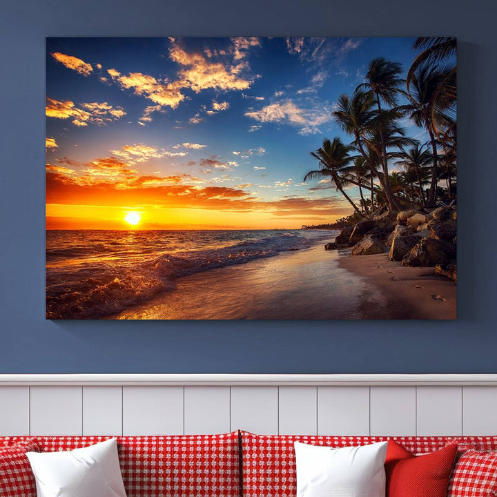 Tropical Beach Sunset Canvas Art, Palm Trees and Ocean Waves Wall Art, Giclee Print for Coastal Home Decor