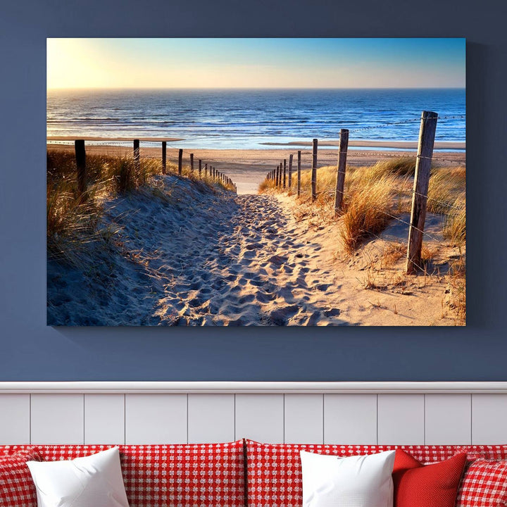 Tropical Beach Sunset Canvas Art, Ocean Waves and Sandy Shoreline Wall Art, Large Beach Decor for Coastal Homes