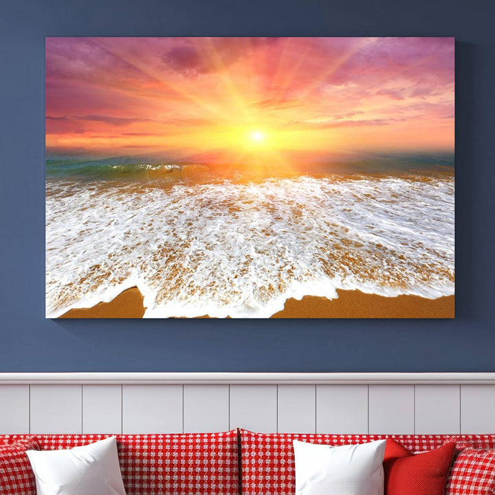 The "Golden Beach Sunrise Canvas Wall Art," a three-panel giclee print featuring ocean waves on a sandy shore, beautifully adorns the gray wall.