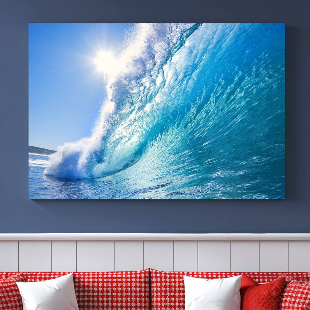 Blue Big Wave Surf Ocean Canvas Wall Art Artwork Print, Art mural de plage, Art de mur de mer