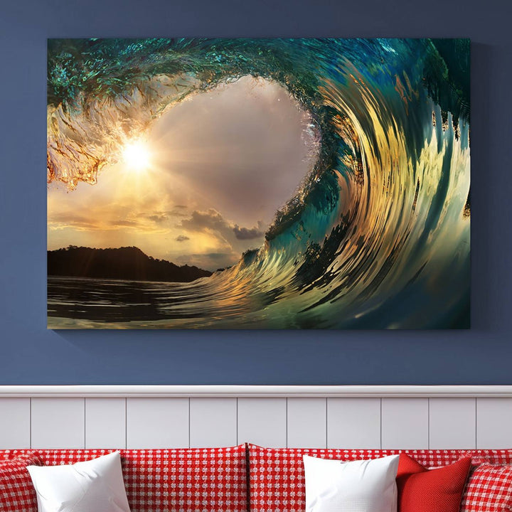 Surfing Big Wave on Ocean Canvas Wall Art Beach Canvas Sunset Artwork Print para sala de estar, decoración de la oficina en el hogar, arte de la pared de la playa, arte de la pared del mar