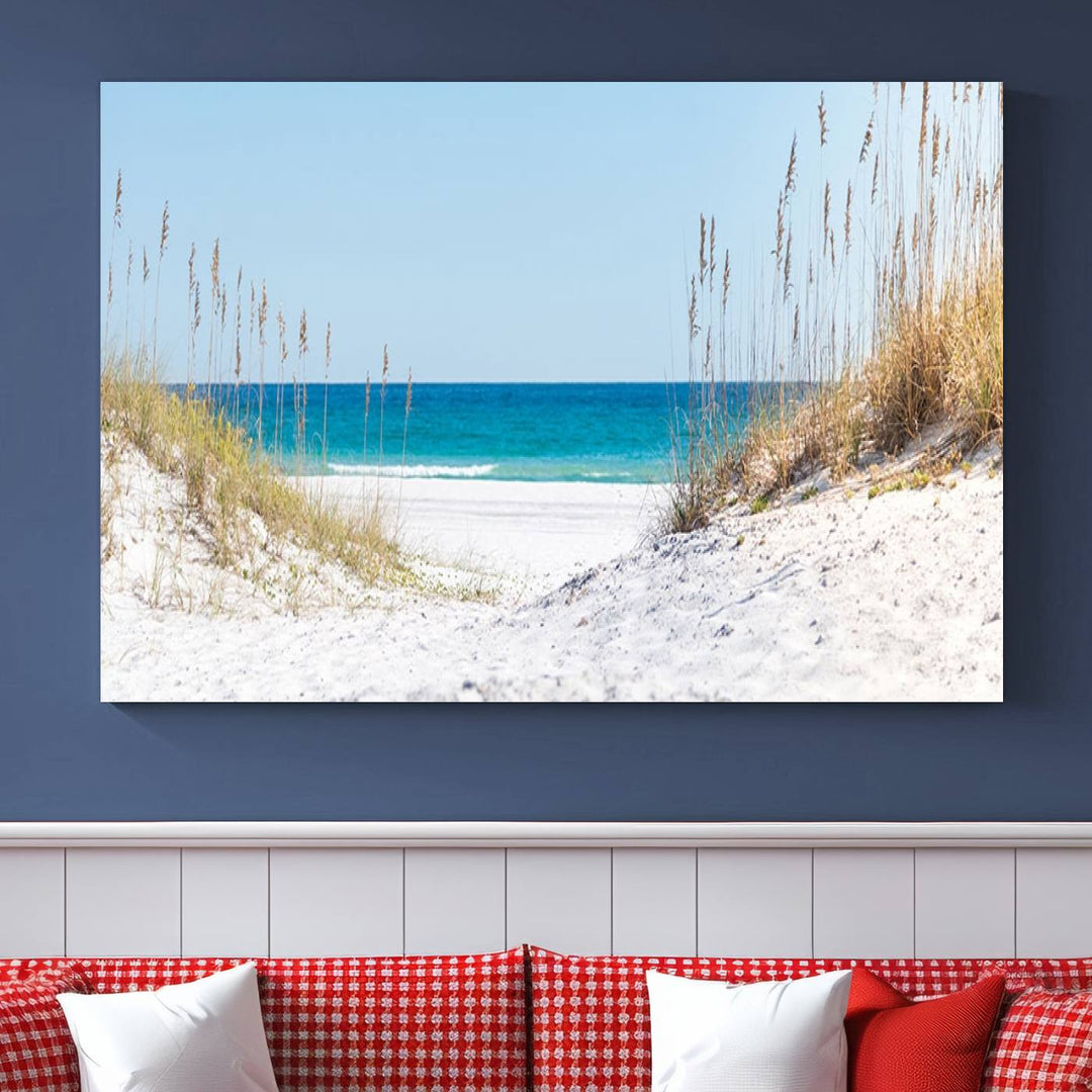 Serene Coastal Dune Path with Ocean View, 3-Panel Beach Canvas Art; tranquil seascape for coastal decor.