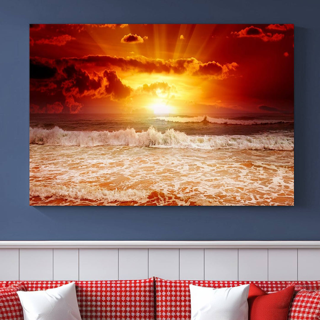 The Red Sunset Ocean Beach Canvas depicts ocean waves.