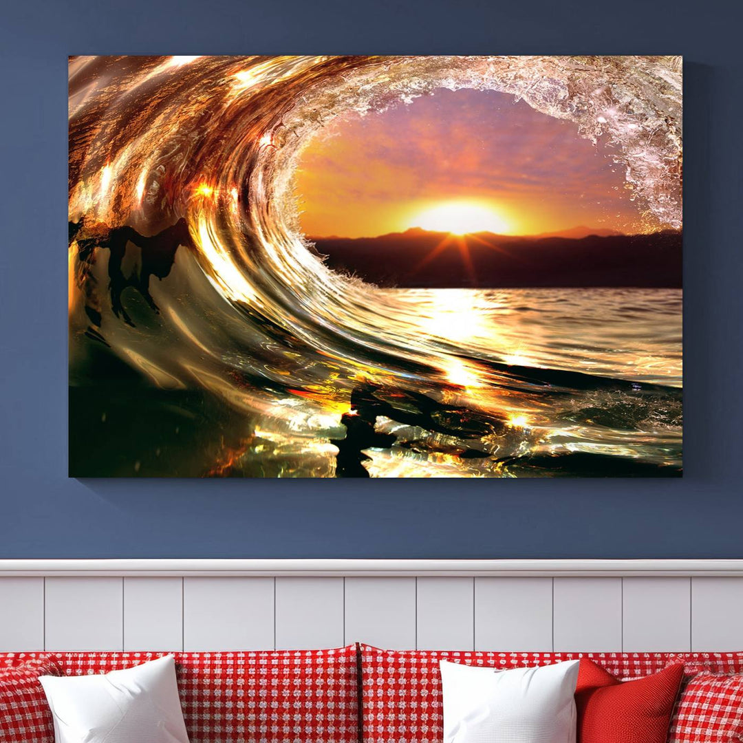 The Golden Wave Sunset Triptych Canvas Art showcases an ocean wave at sunset, casting warm light.