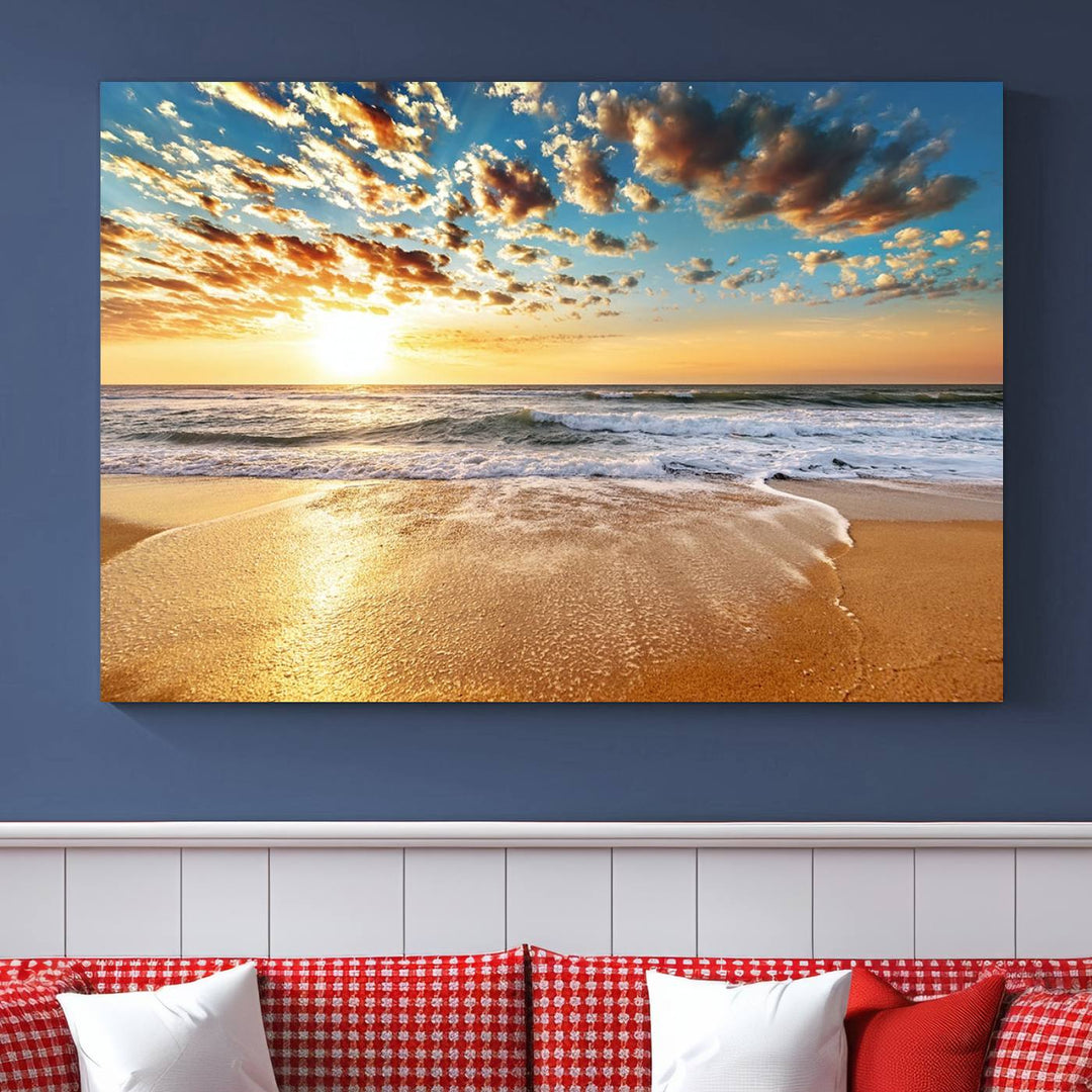 A Golden Sunset Beach giclee triptych canvas hangs prominently.