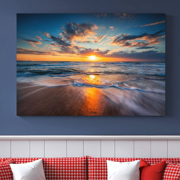 The Sunset on the Ocean canvas adds coastal ambiance to the wooden wall.