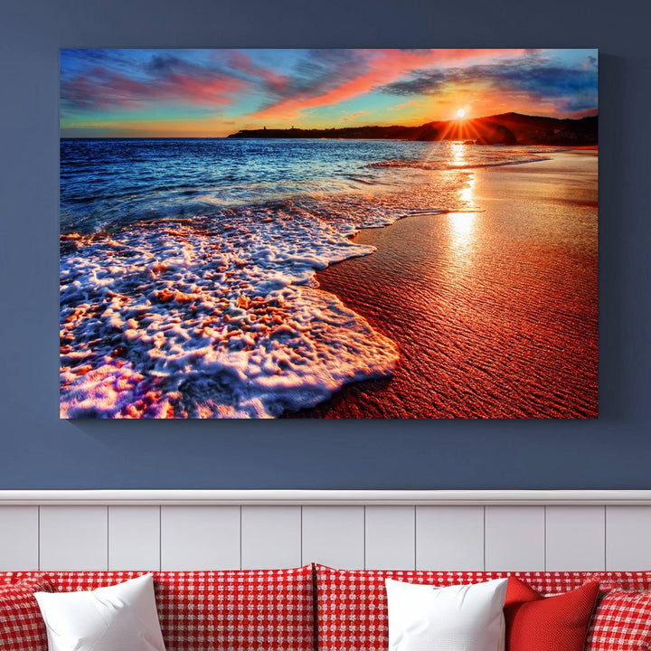 The Colorful Coastal Sunset on the Beach canvas print portrays ocean waves at dusk.