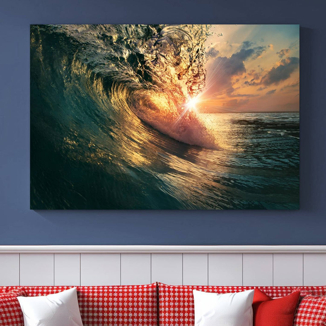 A triptych seascape titled Ocean Wave Sunset Canvas, featuring a stunning ocean view at sunset, is beautifully framed and ready to hang.