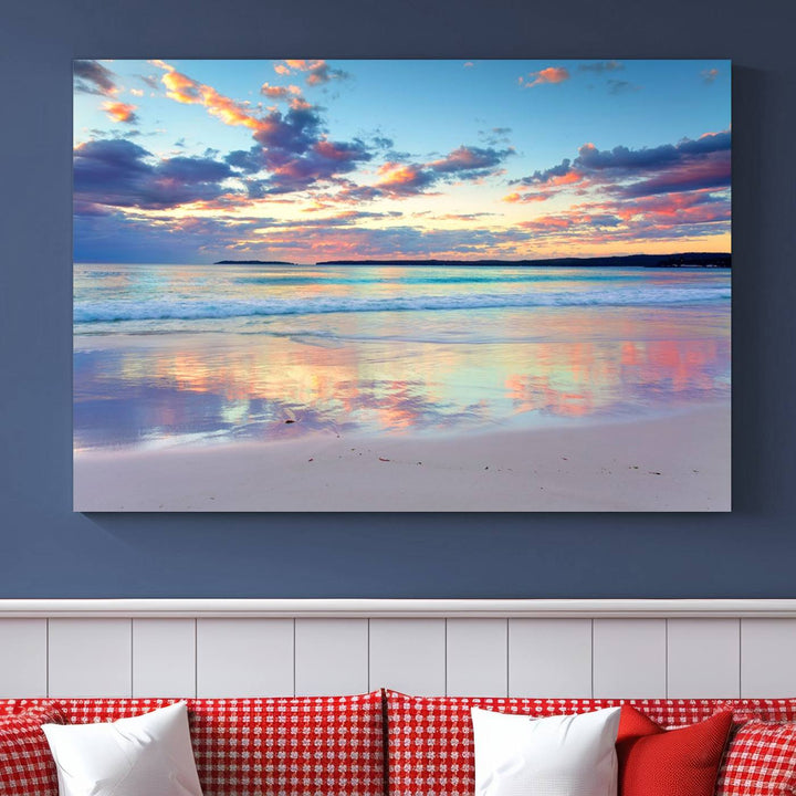 Tranquil Pastel Sunset Beach Triptych Canvas Art, Soothing Coastal Ocean Shoreline Giclee Print, Beach Reflections Wall Decor for Serene Spaces