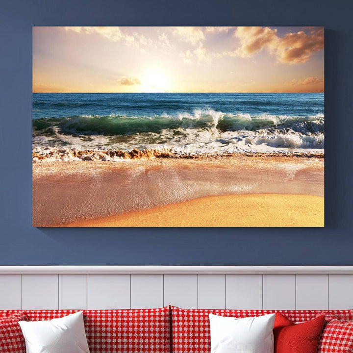 The wall features a Canon-quality Serene Beach Path canvas giclee print, depicting coastal dunes.