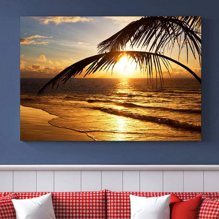 Golden Tropical Beach Sunset Canvas Triptych: Coastal Palm Art & Giclee Print with Gallery Wrap, capturing golden waves.