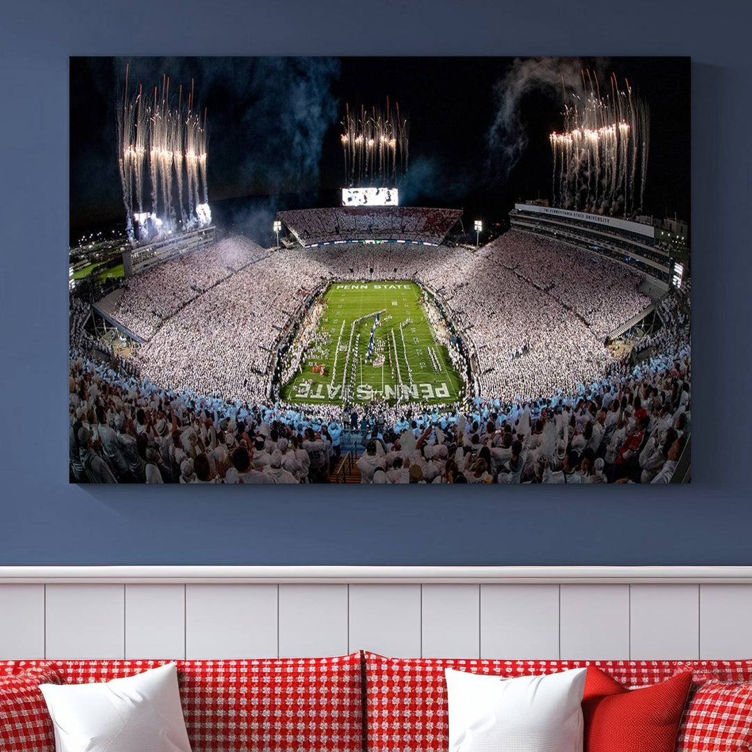 The perfect Penn State Football canvas wall art features a depiction of Beaver Stadium filled with fans in white, with fireworks exploding above.