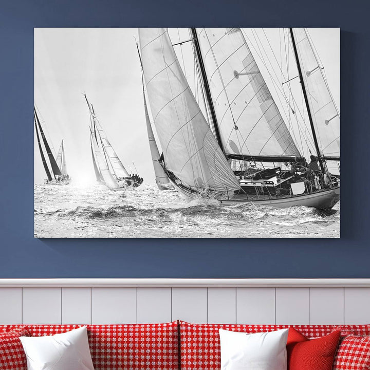 Yacht Sailboat Regatta canvas print on a textured wooden wall.