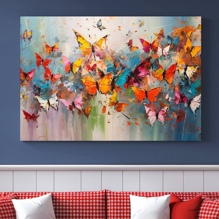 The Abstract Butterfly Wall Art Canvas Print hangs prominently, adding a touch of elegance and creativity to the room.