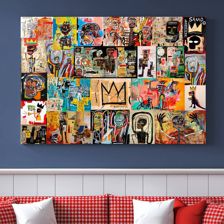 A Basquiat graffiti-style collage adorns the wall.