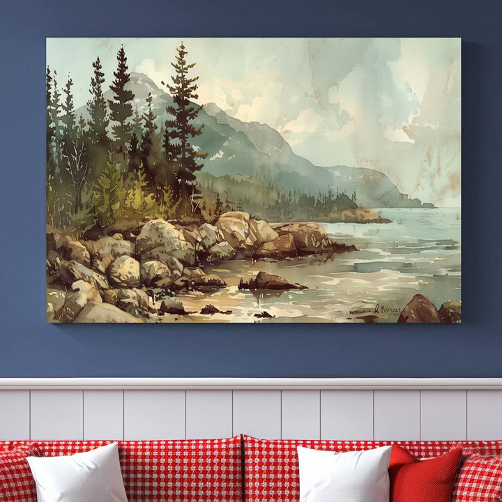 Framed Abstract Acadia National Park wall art, depicting a rocky coastline with trees and mountains, ready to hang.