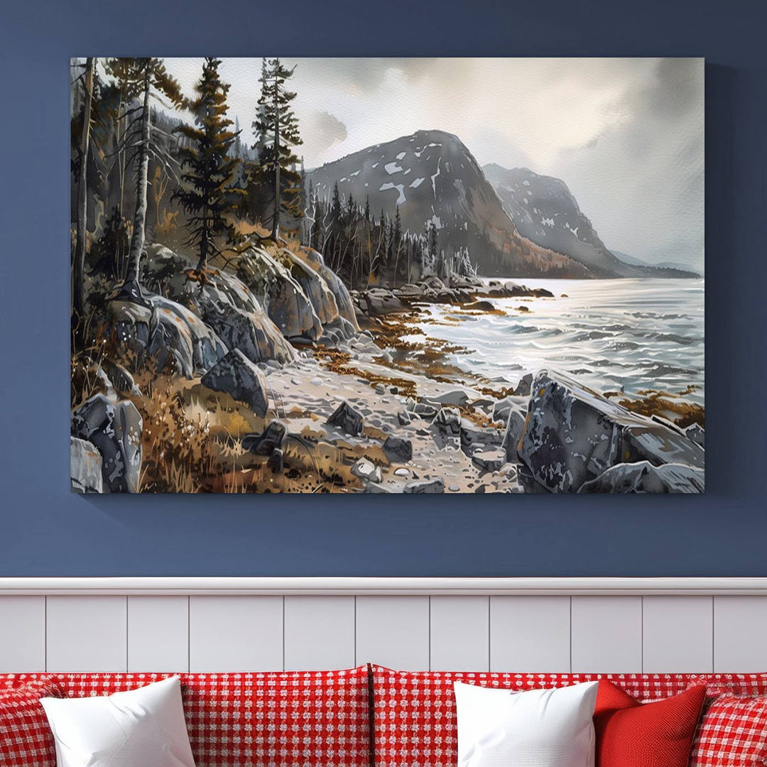 Framed wall art depicting Acadia National Parks rocky coast, trees, mountains, and sunlight over the sea; ready to hang.