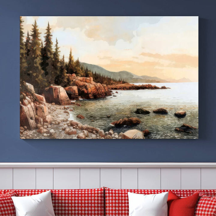 The Serene Coastal View of Acadia National Park 3-panel canvas, framed and ready to hang, adorns the wall.