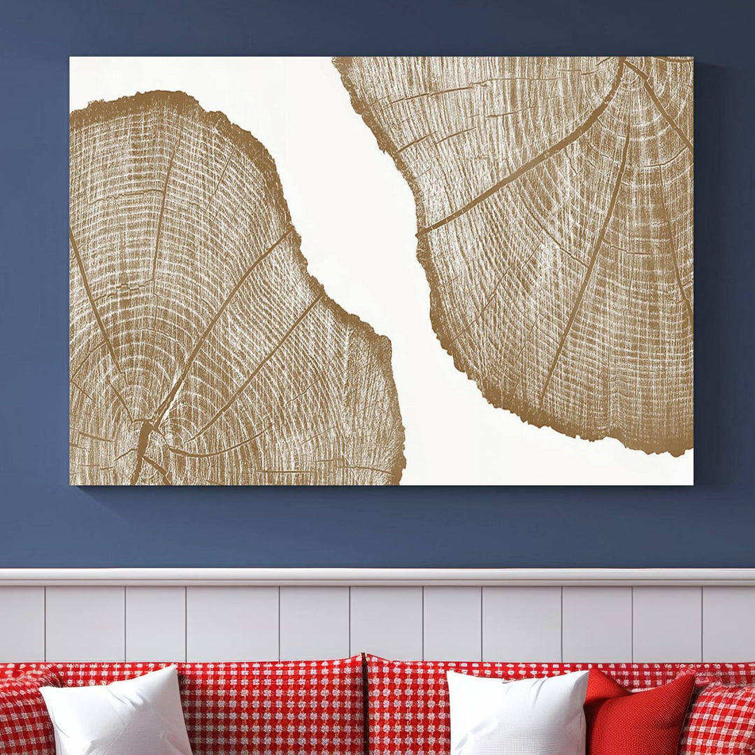 The rustic wall art features two large tree rings, beautifully framed and displayed to create a nature-inspired décor.