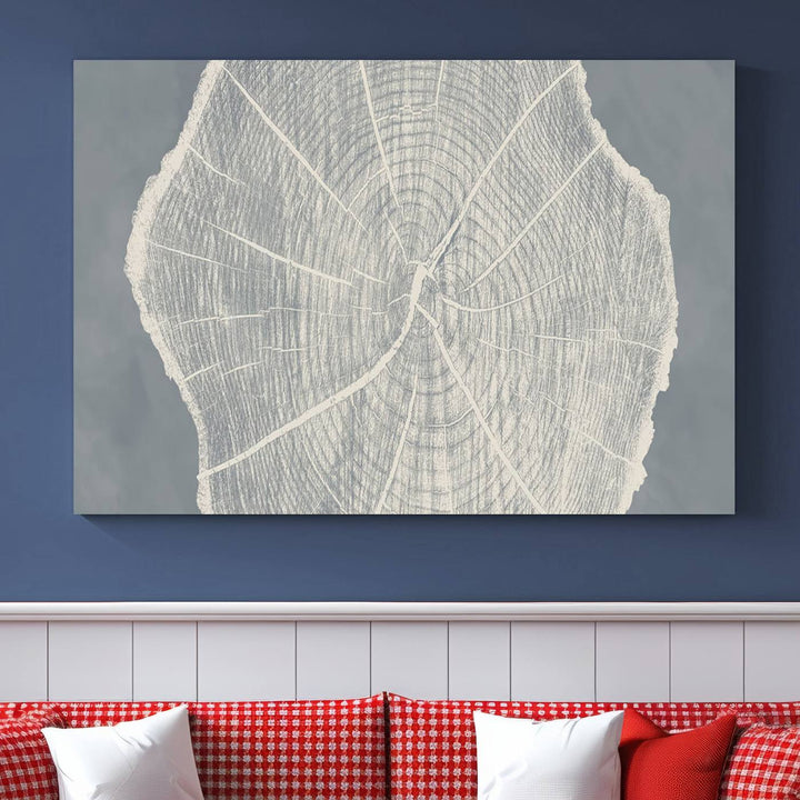 A gray wall displays the Abstract Tree Ring Wall Art print.