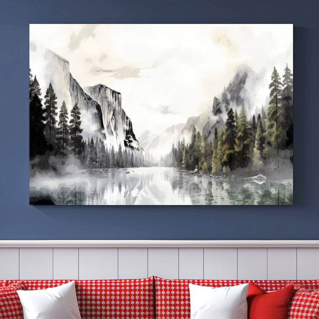 The Yosemite Valley Wall Art Canvas Print, a framed nature décor, is beautifully displayed.