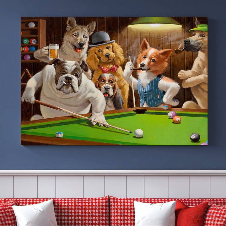 Dogs Playing Pool Canvas Wall Art: This artwork depicts a room where dogs are engaged in a game of pool. One dog is poised to cue while others observe the scene.