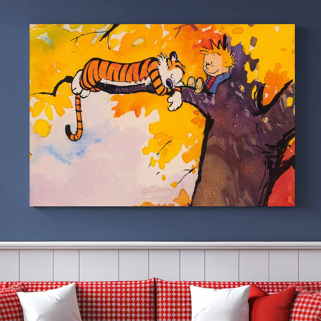 Premium canvas Calvin Wall Arts featuring a boy and tiger relaxing on a branch.