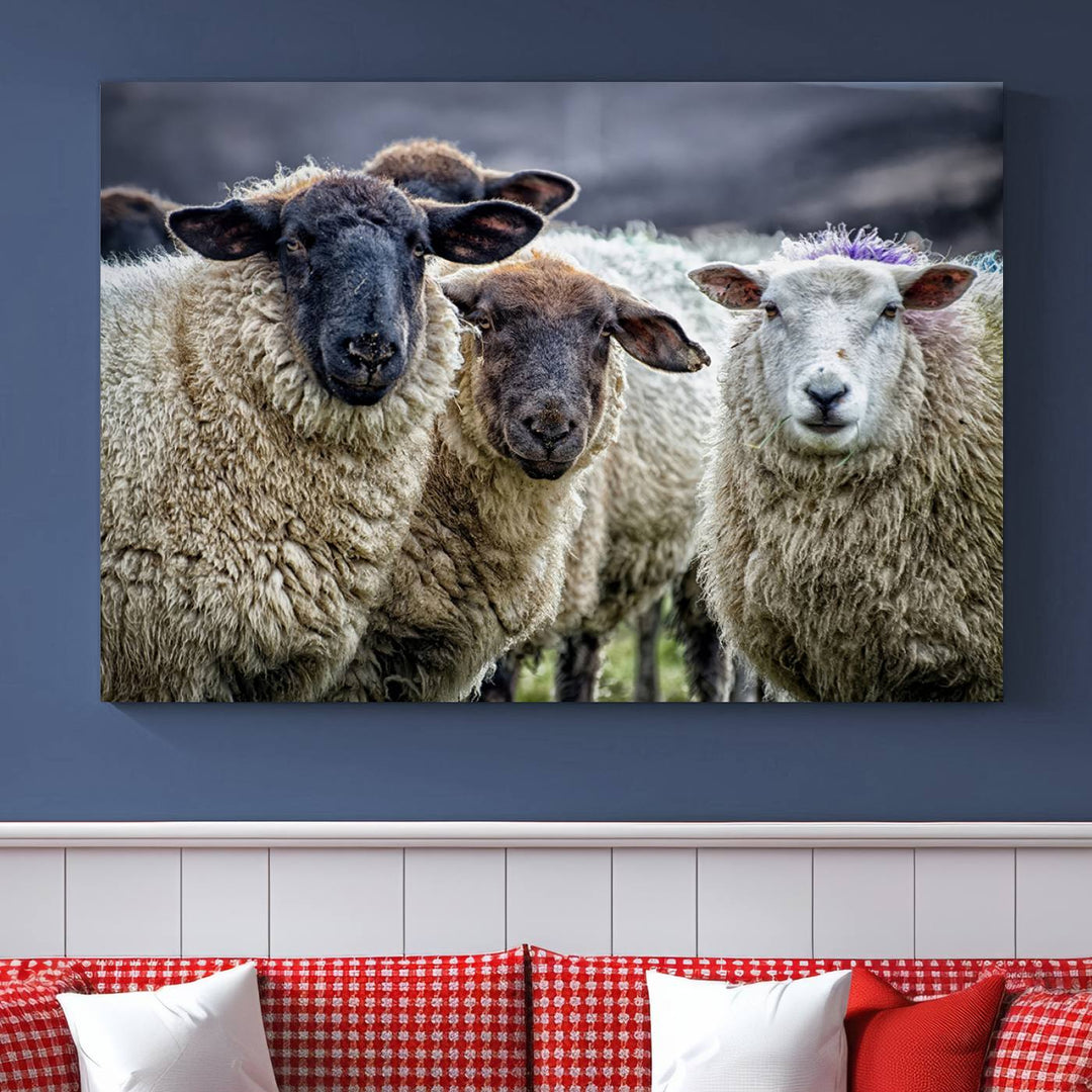 The Charming Sheep Portrait Wall Art hangs on a wooden wall.