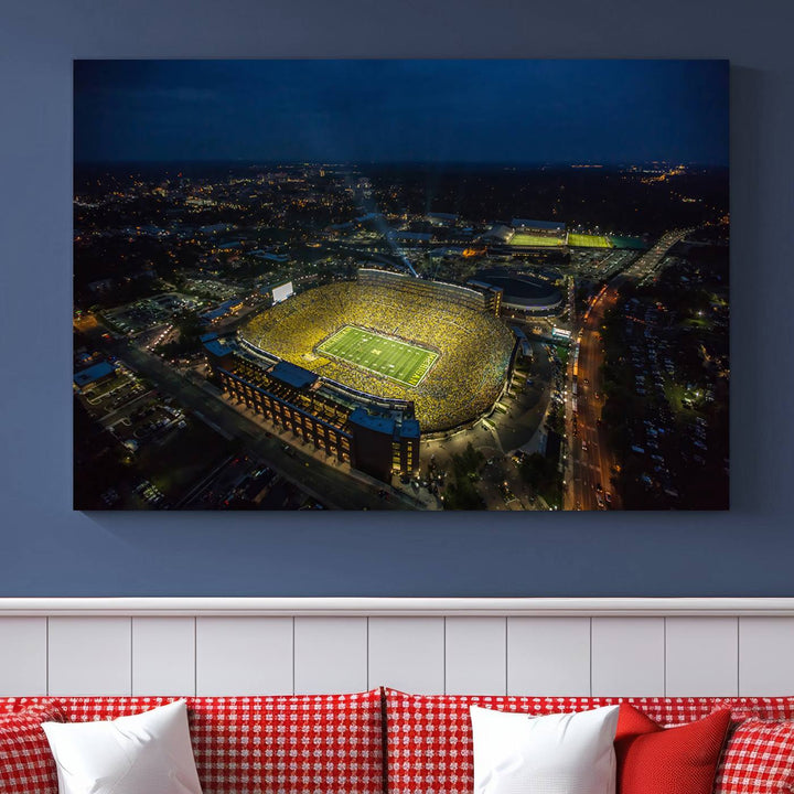 Aerial view of Michigan Stadium nightlife on canvas – Framed, ready-to-hang sports arena wall art.