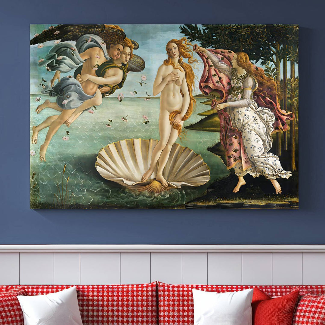 A canvas print of Botticellis The Birth of Venus is displayed on the wall.