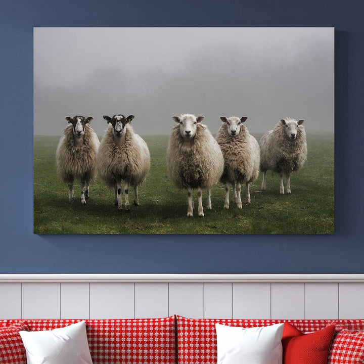 The Flock of Sheep in a Mystical Fog canvas print is framed and ready to hang.