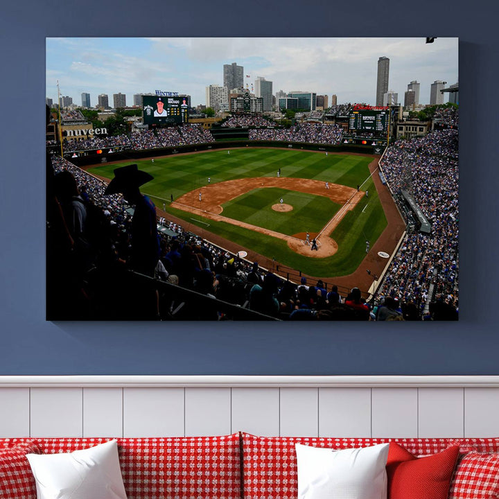 Admire this museum-quality canvas print of a Chicago Cubs game with a cityscape view from the stands at Wrigley Field.