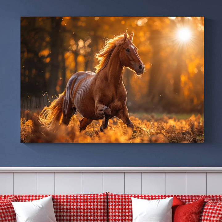 The Running Horse Sunset Forest Wall Art Canvas Print showcases a gallop in an autumn forest with sunlight streaming through the trees.