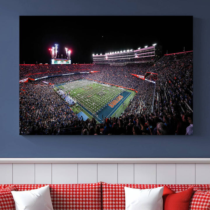 The Gators Night Game Canvas Art captures a lively night at Ben Hill Griffin Stadium with vibrant fireworks and the energy of a live band.