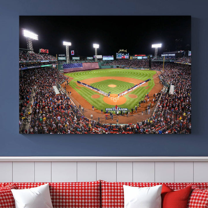 The Fenway Park Wall Art Canvas Print showcases a stunning aerial view of Bostons iconic ballpark at night, making it an ideal piece for any Red Sox enthusiast.