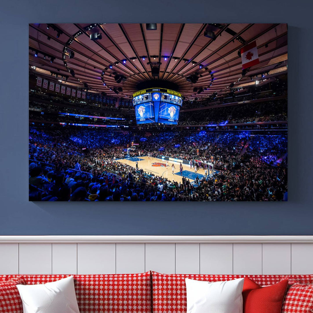 A print depicting an NBA game at Madison Square Garden, highlighting the scoreboard.