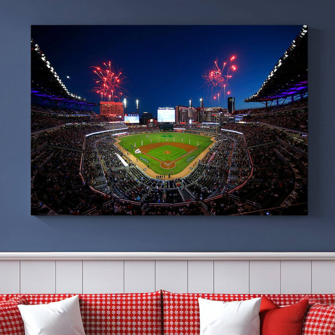 Truist Park wall art: fireworks over a Braves crowd, a large 3-panel canvas, framed and ready-to-hang.